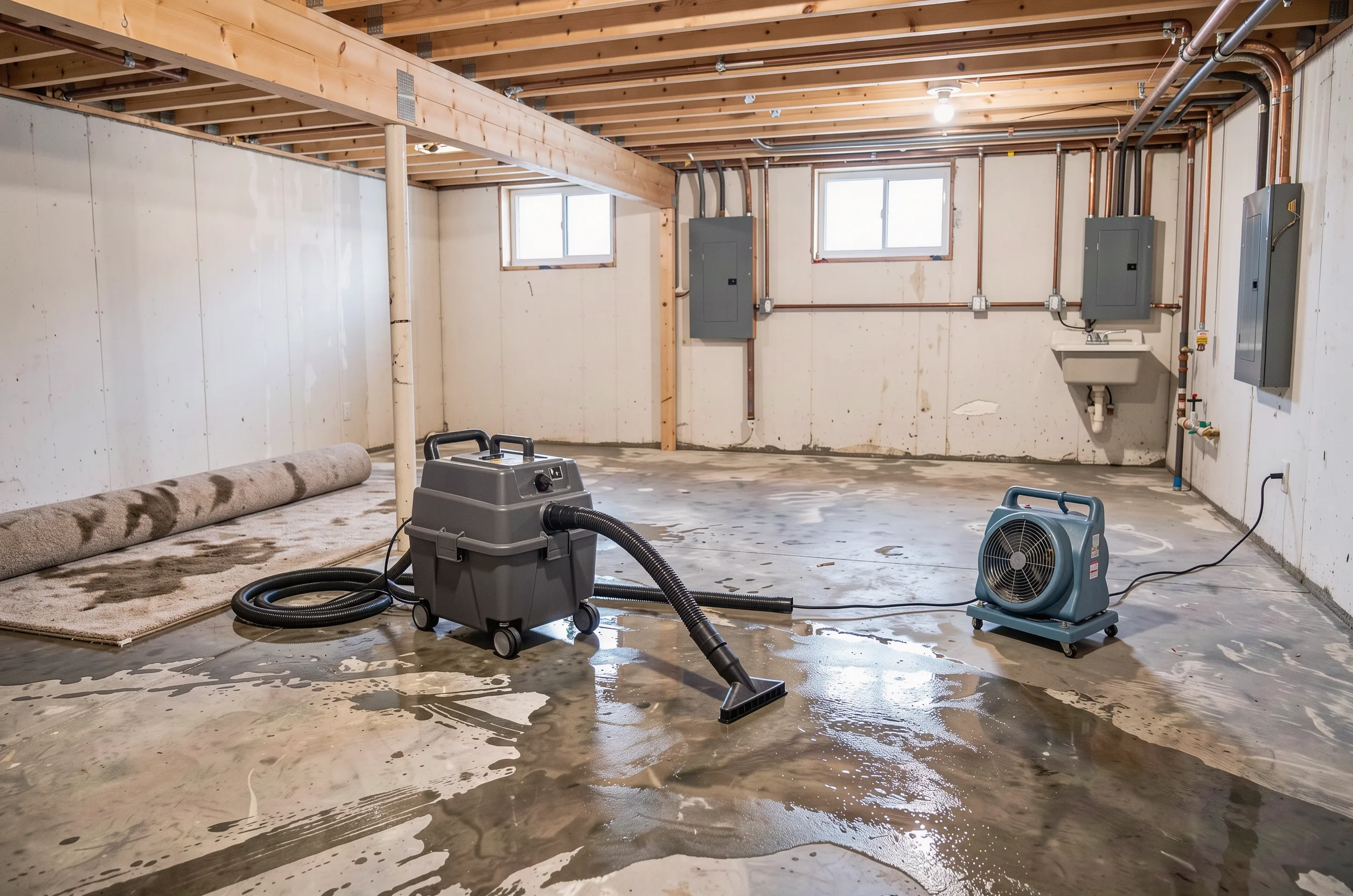 Extraction unit and air mover drying a wet basement floor