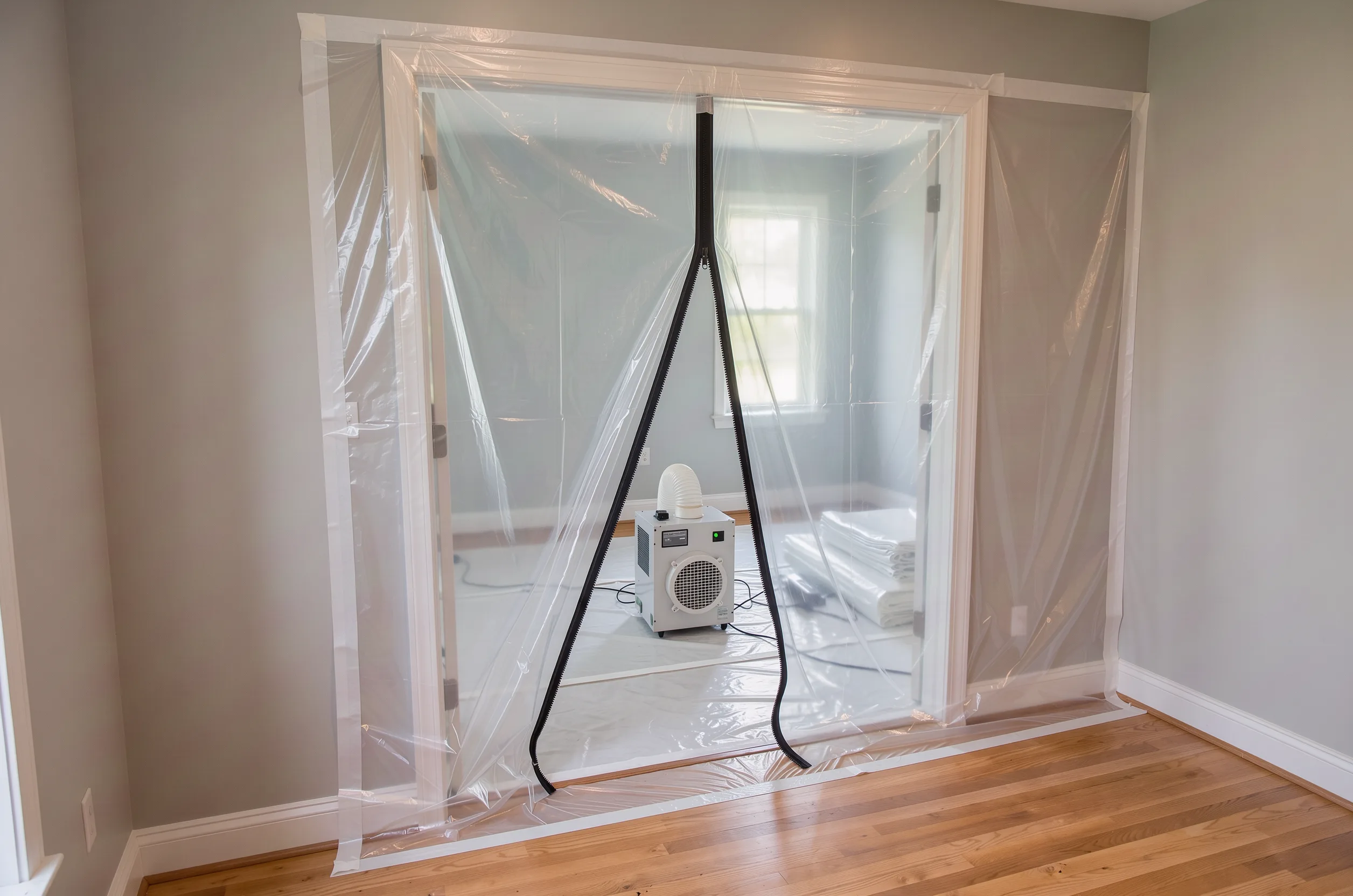 Plastic containment barrier and air scrubber during mold remediation
